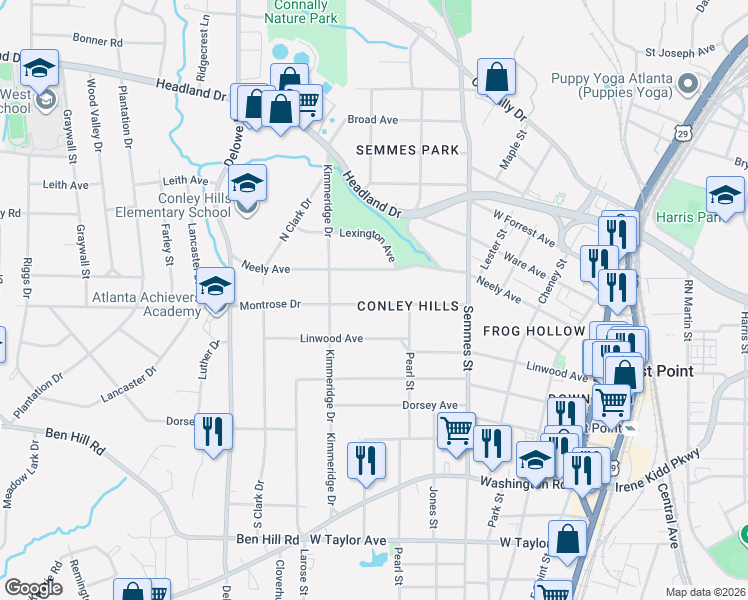 map of restaurants, bars, coffee shops, grocery stores, and more near 1913 Montrose Drive in East Point