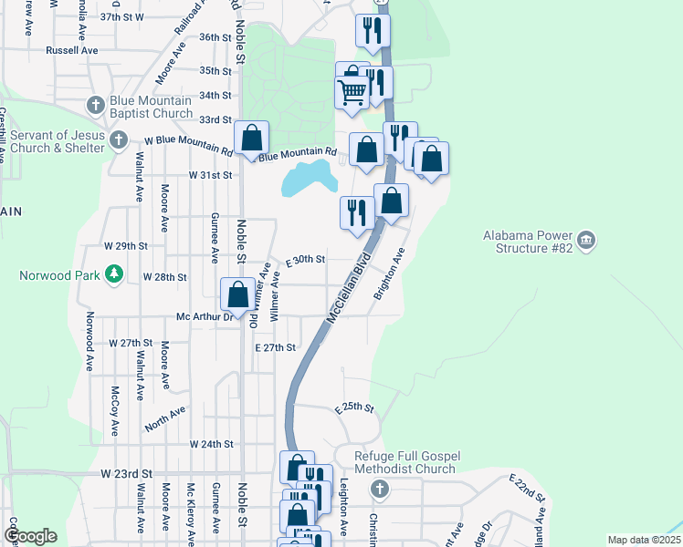 map of restaurants, bars, coffee shops, grocery stores, and more near 304 East 30th Street in Anniston