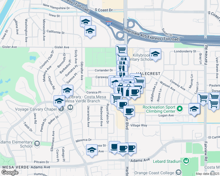 map of restaurants, bars, coffee shops, grocery stores, and more near 1547 Wintergreen Place in Costa Mesa