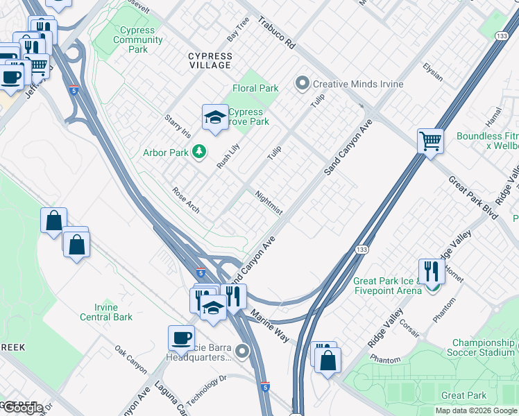 map of restaurants, bars, coffee shops, grocery stores, and more near 88 Tallowood in Irvine