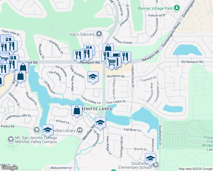 map of restaurants, bars, coffee shops, grocery stores, and more near 30160 Tattersail Way in Menifee