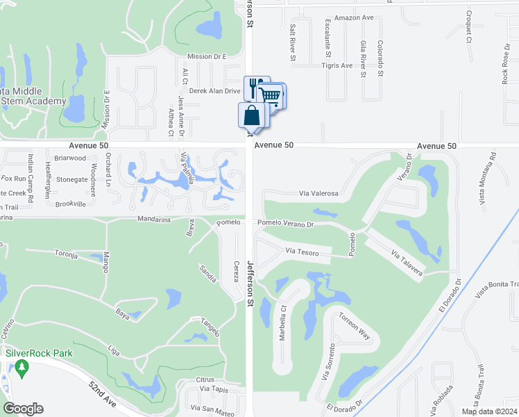 map of restaurants, bars, coffee shops, grocery stores, and more near 80020 Vía Valerosa in La Quinta