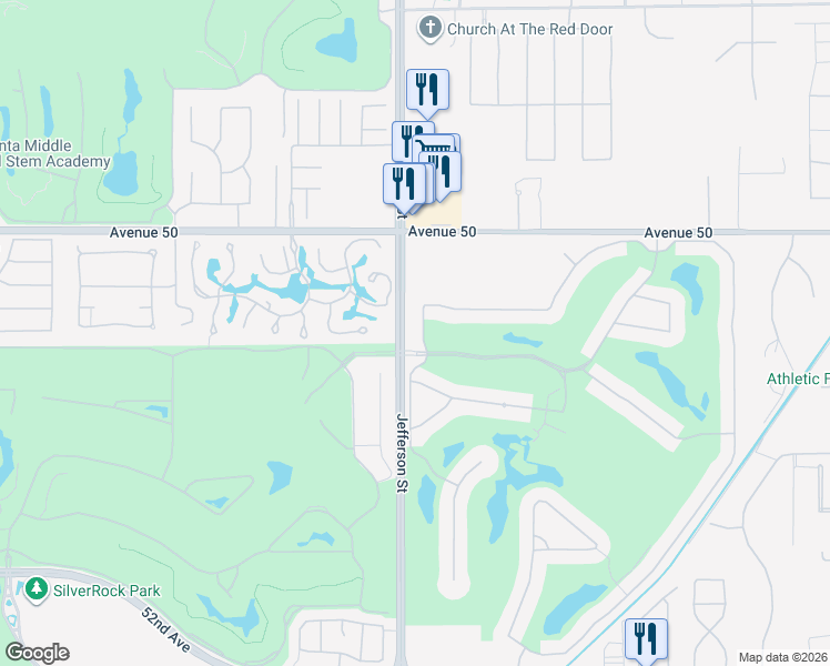 map of restaurants, bars, coffee shops, grocery stores, and more near 80020 Vía Valerosa in La Quinta