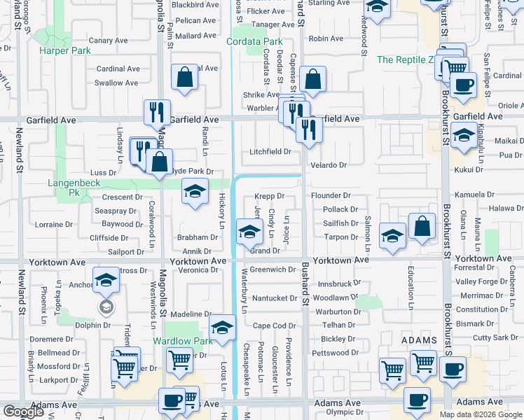 map of restaurants, bars, coffee shops, grocery stores, and more near 19292 Cindy Lane in Huntington Beach