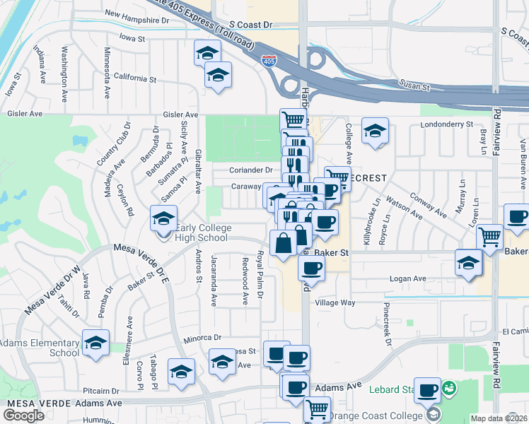 map of restaurants, bars, coffee shops, grocery stores, and more near 1547 Wintergreen Place in Costa Mesa