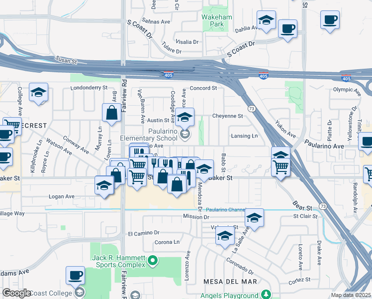 map of restaurants, bars, coffee shops, grocery stores, and more near 3040 Fillmore Way in Costa Mesa