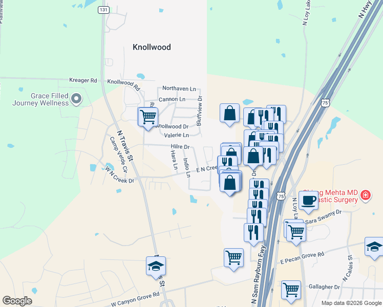 map of restaurants, bars, coffee shops, grocery stores, and more near 4913 Indio Lane in Sherman