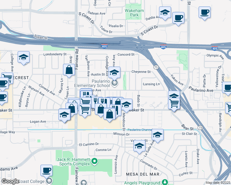 map of restaurants, bars, coffee shops, grocery stores, and more near 3040 Fillmore Way in Costa Mesa