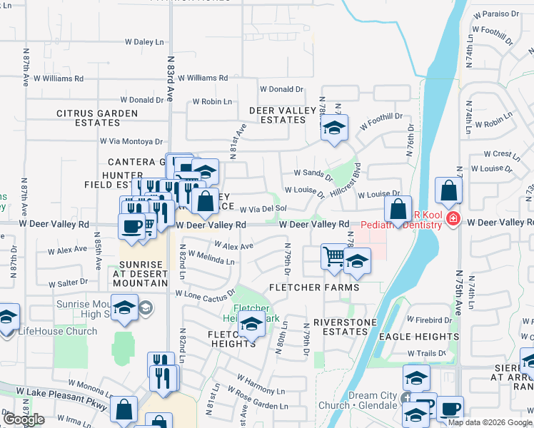 map of restaurants, bars, coffee shops, grocery stores, and more near 8031 West Vía Del Sol in Peoria