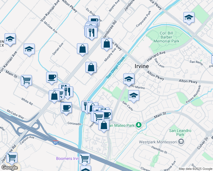 map of restaurants, bars, coffee shops, grocery stores, and more near 91 Costero Aisle in Irvine