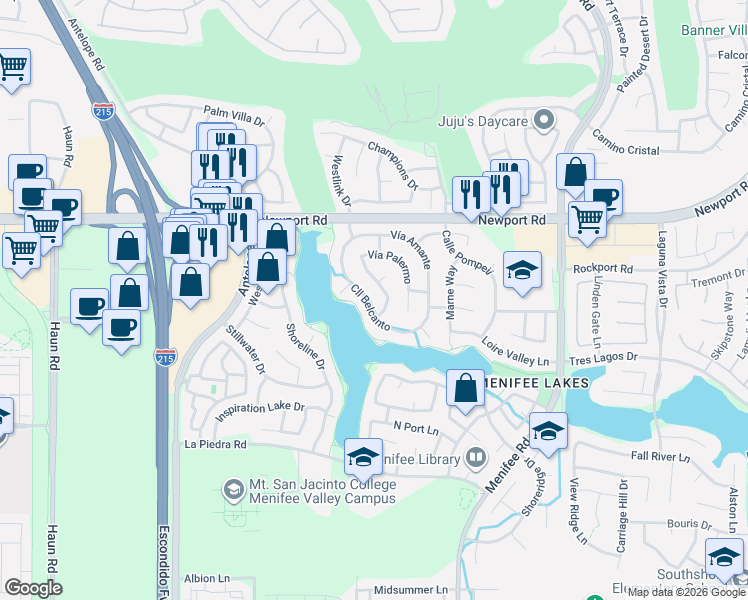 map of restaurants, bars, coffee shops, grocery stores, and more near 30156 Calle Belcanto in Menifee