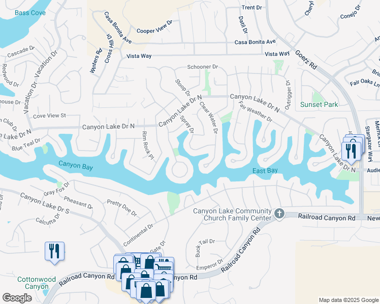 map of restaurants, bars, coffee shops, grocery stores, and more near 30249 Spray Drive in Canyon Lake