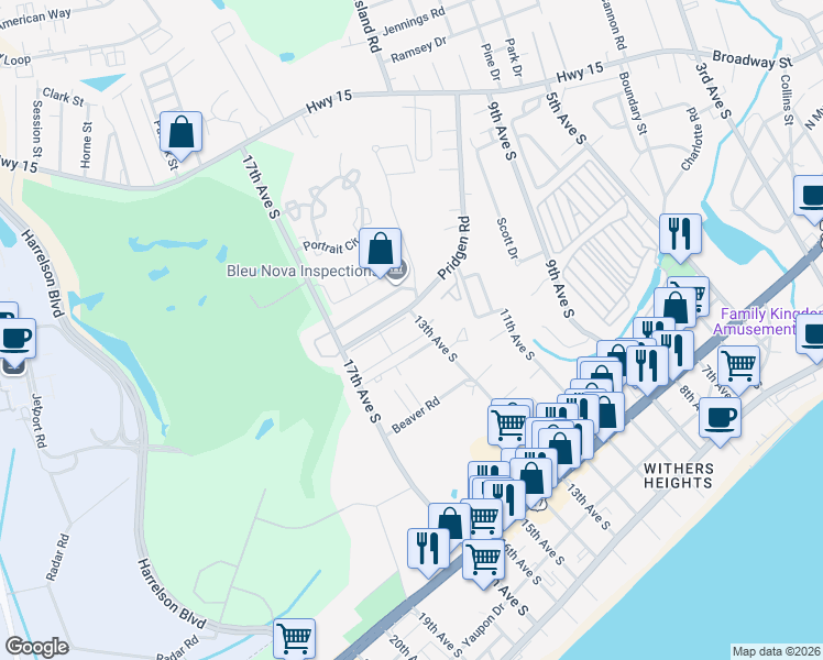 map of restaurants, bars, coffee shops, grocery stores, and more near 1301 Pridgen Road in Myrtle Beach