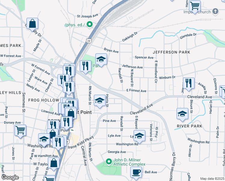 map of restaurants, bars, coffee shops, grocery stores, and more near 1404 East Forrest Avenue in East Point