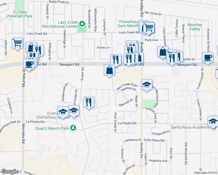 map of restaurants, bars, coffee shops, grocery stores, and more near 26716 Rim Creek Path in Menifee