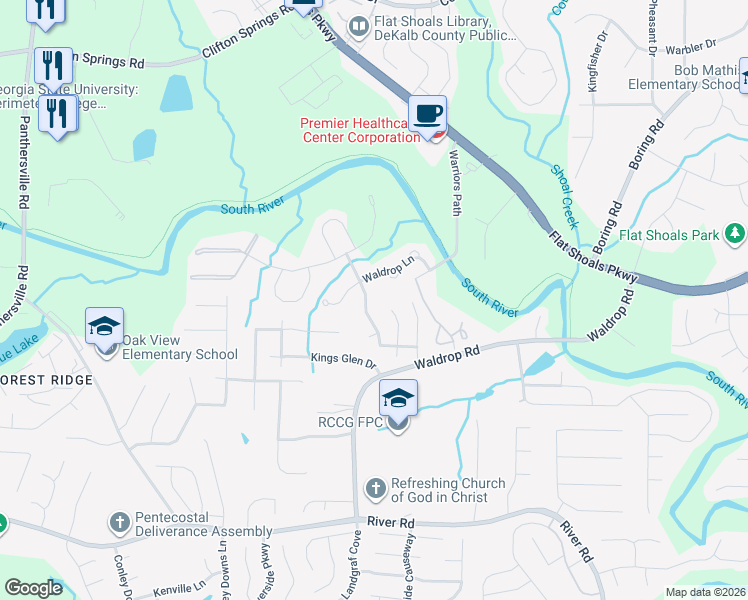map of restaurants, bars, coffee shops, grocery stores, and more near 3153 Kingswood Glen in Decatur