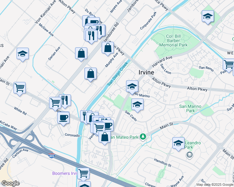 map of restaurants, bars, coffee shops, grocery stores, and more near 65 Costero Aisle in Irvine