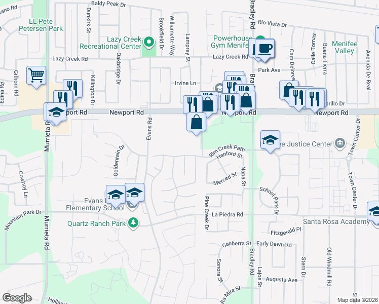 map of restaurants, bars, coffee shops, grocery stores, and more near 26716 Rim Creek Path in Menifee
