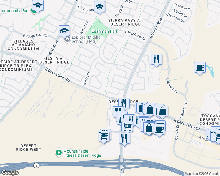 map of restaurants, bars, coffee shops, grocery stores, and more near 4607 East Abraham Lane in Phoenix