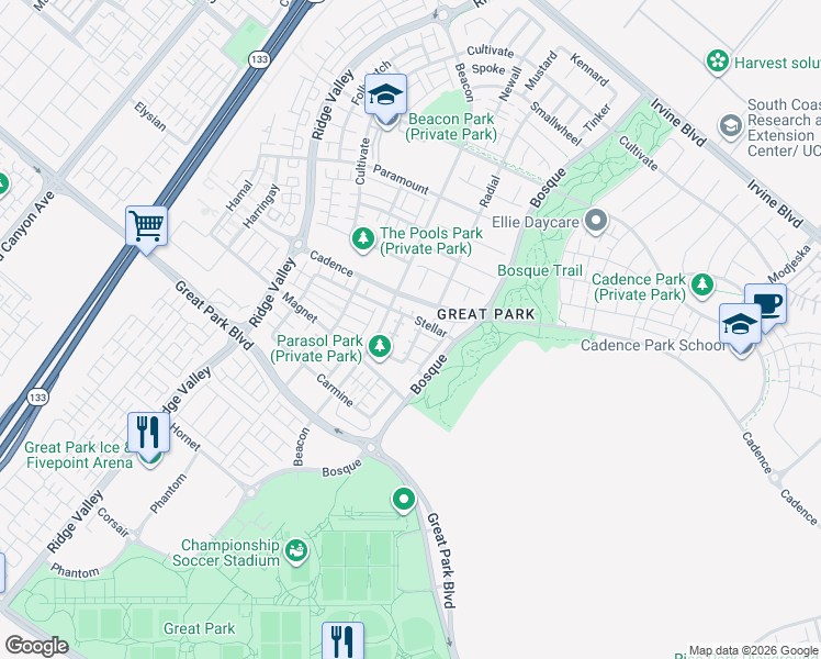 map of restaurants, bars, coffee shops, grocery stores, and more near 105 Catalyst in Irvine