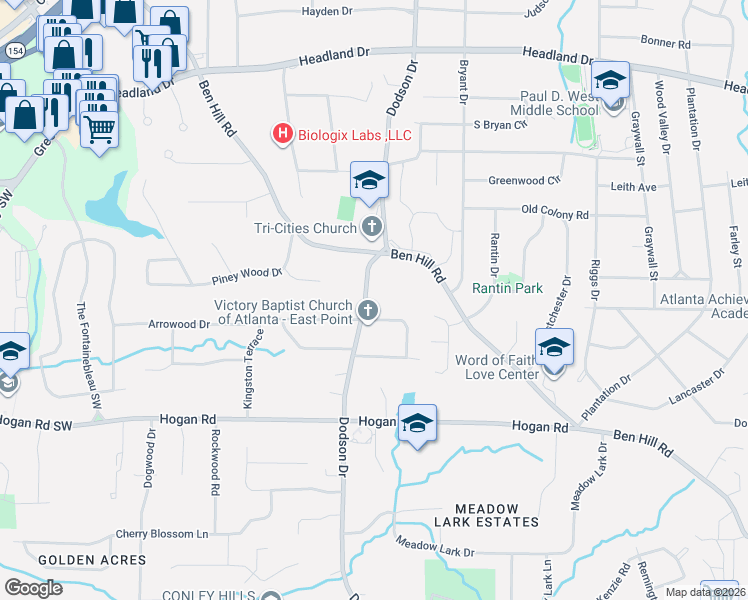 map of restaurants, bars, coffee shops, grocery stores, and more near 2696 Dodson Drive in East Point