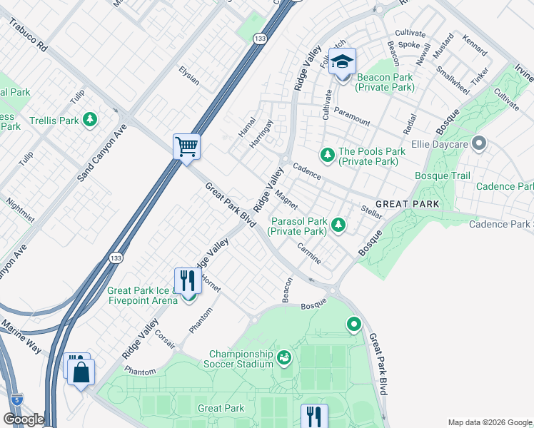 map of restaurants, bars, coffee shops, grocery stores, and more near 105 Interval in Irvine