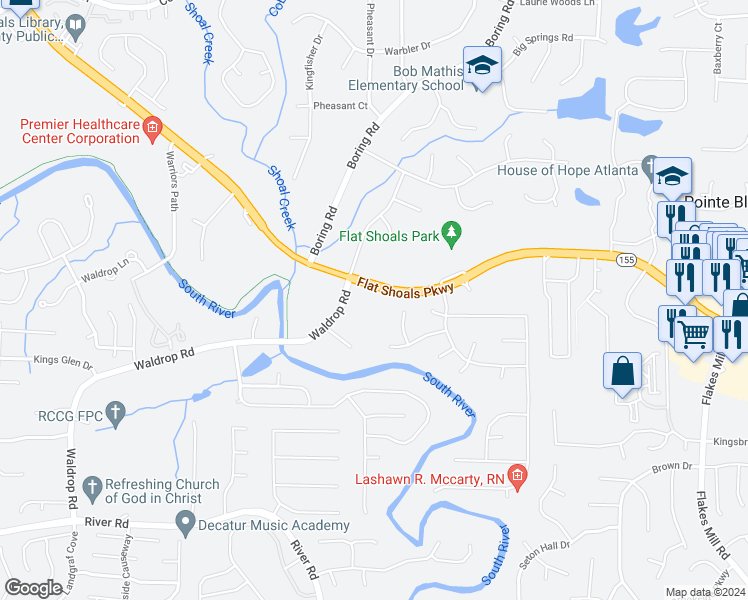 map of restaurants, bars, coffee shops, grocery stores, and more near 4451 Flat Shoals Parkway in Decatur