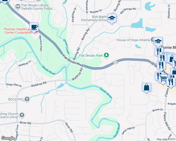 map of restaurants, bars, coffee shops, grocery stores, and more near 4451 Flat Shoals Parkway in Decatur