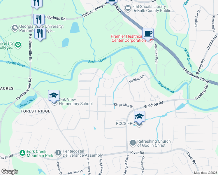 map of restaurants, bars, coffee shops, grocery stores, and more near 3528 Waldrop Trail in Decatur