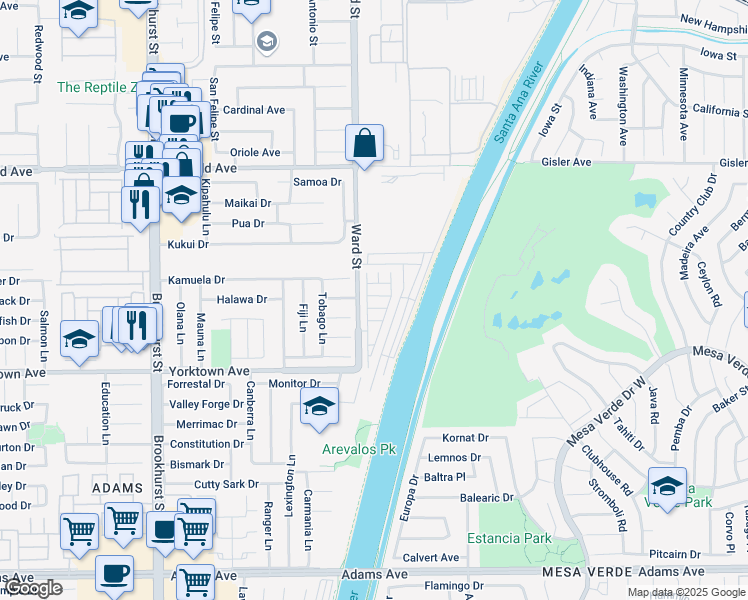 map of restaurants, bars, coffee shops, grocery stores, and more near 19350 South Ward Street in Huntington Beach