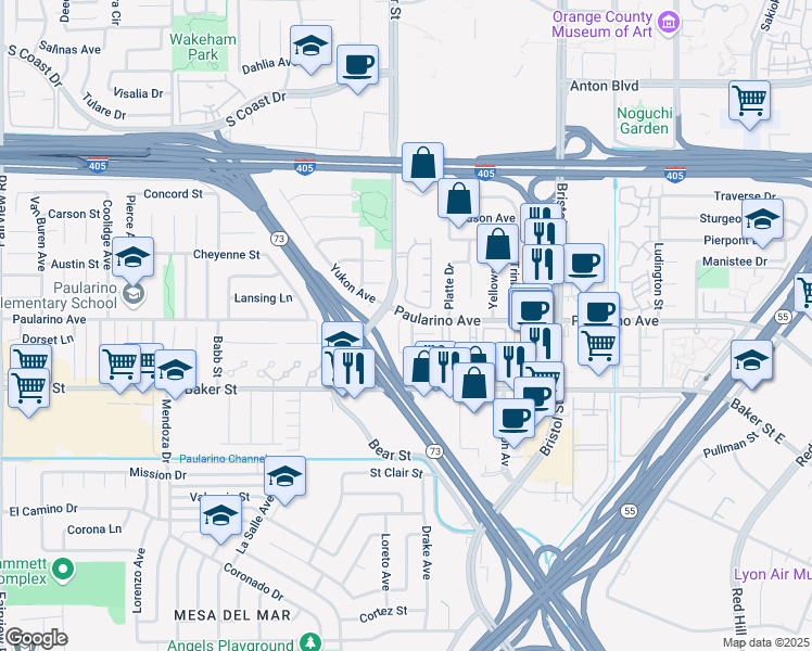 map of restaurants, bars, coffee shops, grocery stores, and more near 805 Spirit in Costa Mesa