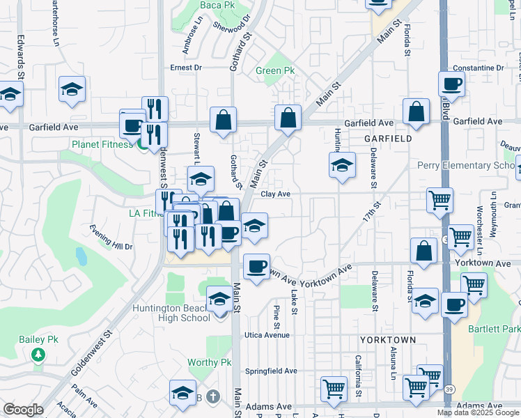 map of restaurants, bars, coffee shops, grocery stores, and more near 7351 Coho Drive in Huntington Beach