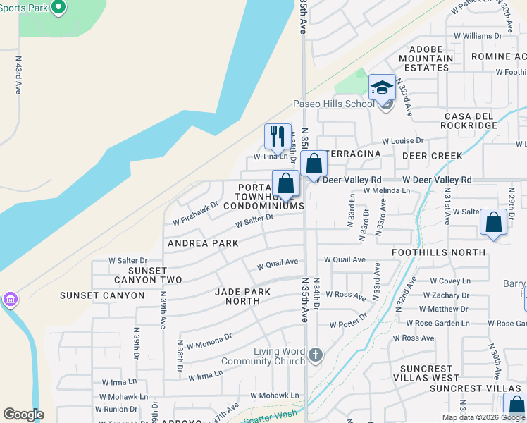 map of restaurants, bars, coffee shops, grocery stores, and more near 21610 North 35th Avenue in Glendale