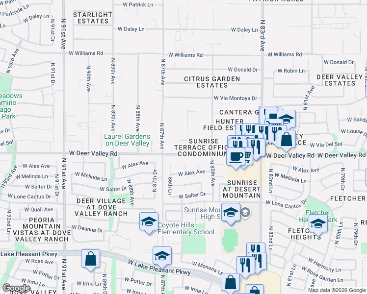 map of restaurants, bars, coffee shops, grocery stores, and more near 21912 North 86th Avenue in Peoria