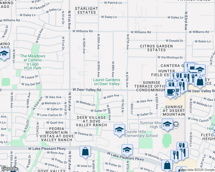 map of restaurants, bars, coffee shops, grocery stores, and more near 8822 West Deer Valley Road in Peoria
