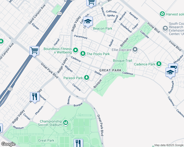 map of restaurants, bars, coffee shops, grocery stores, and more near 175 Stellar in Irvine