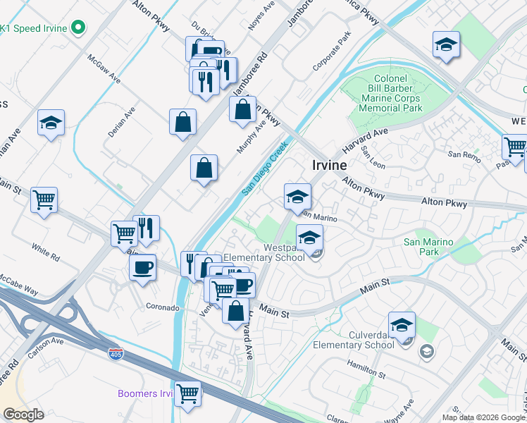 map of restaurants, bars, coffee shops, grocery stores, and more near 65 Costero Aisle in Irvine