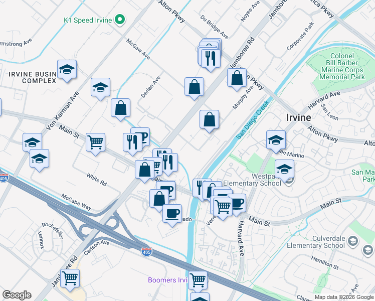 map of restaurants, bars, coffee shops, grocery stores, and more near 2853 Kelvin Avenue in Irvine