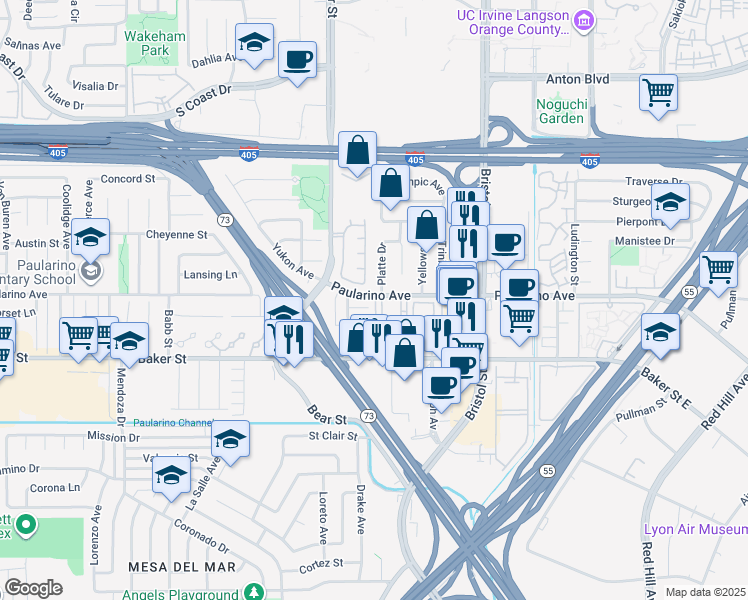 map of restaurants, bars, coffee shops, grocery stores, and more near 805 Spirit in Costa Mesa