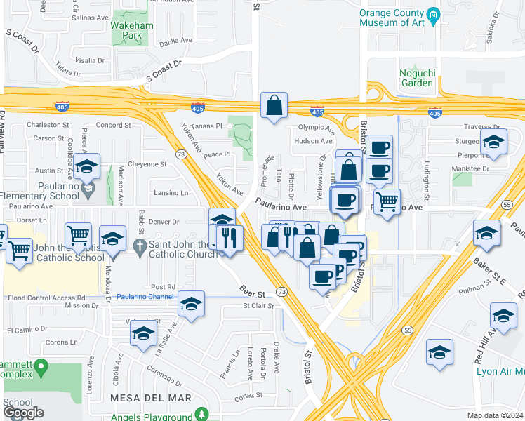 map of restaurants, bars, coffee shops, grocery stores, and more near 805 Spirit in Costa Mesa