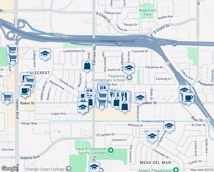 map of restaurants, bars, coffee shops, grocery stores, and more near 1156 Paularino Avenue in Costa Mesa