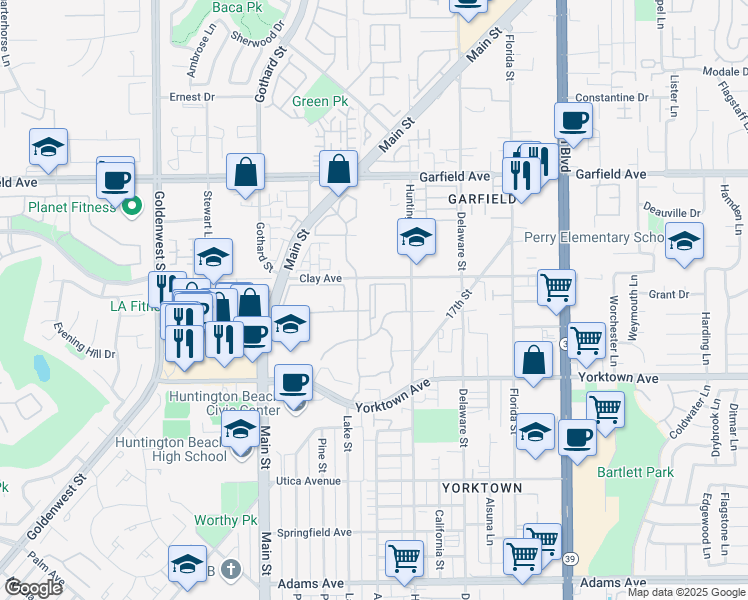 map of restaurants, bars, coffee shops, grocery stores, and more near 19311 Sunray Lane in Huntington Beach