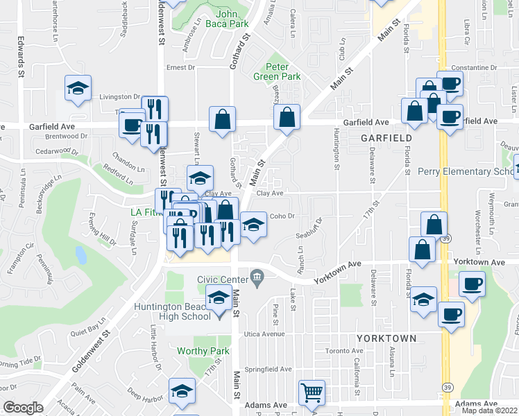 map of restaurants, bars, coffee shops, grocery stores, and more near 7282 Yellowtail Drive in Huntington Beach