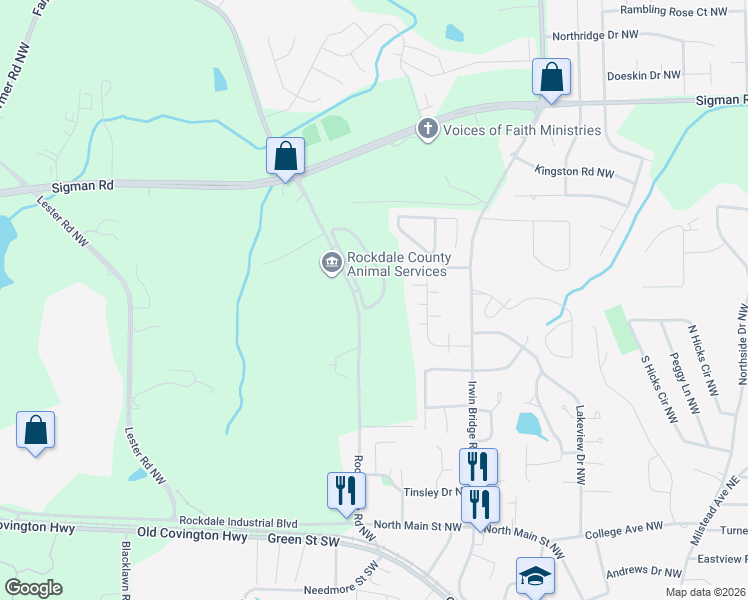map of restaurants, bars, coffee shops, grocery stores, and more near 1418 Eastmont Drive Northwest in Conyers