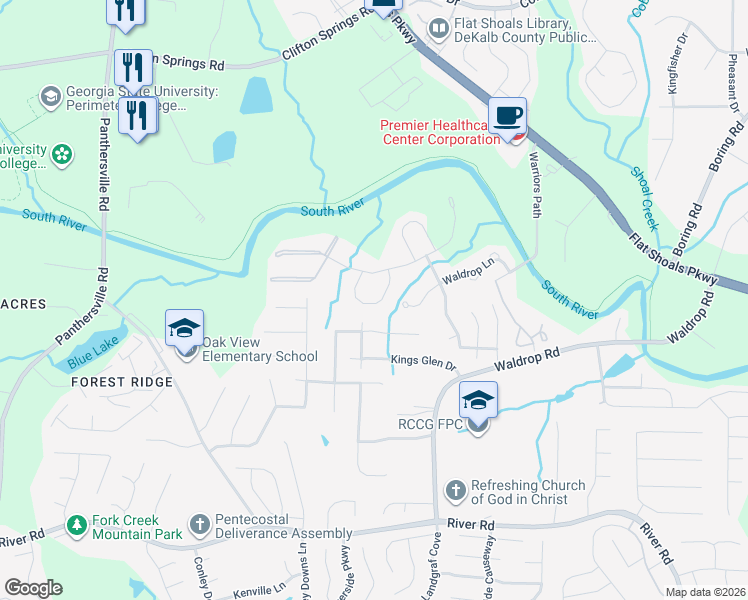 map of restaurants, bars, coffee shops, grocery stores, and more near 3528 Waldrop Trail in Decatur