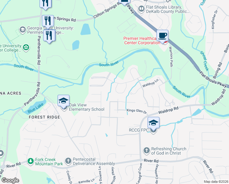 map of restaurants, bars, coffee shops, grocery stores, and more near 3493 Waldrop Trail in Decatur