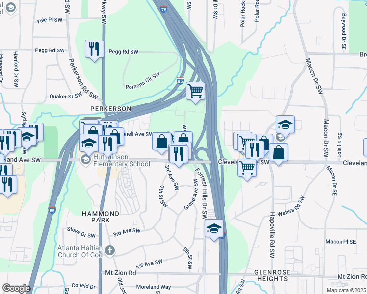 map of restaurants, bars, coffee shops, grocery stores, and more near 23 Jesse Hill Junior Drive Southeast in Atlanta