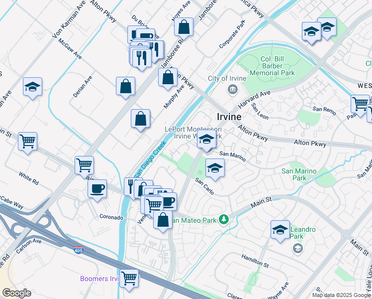 map of restaurants, bars, coffee shops, grocery stores, and more near 95 Alberti Aisle in Irvine