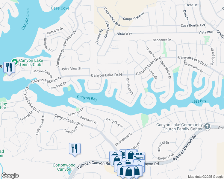 map of restaurants, bars, coffee shops, grocery stores, and more near 30208 Lands End Place in Canyon Lake