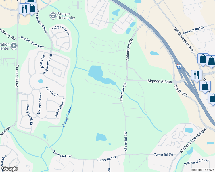 map of restaurants, bars, coffee shops, grocery stores, and more near 2689 Lakeside Drive Southwest in Conyers